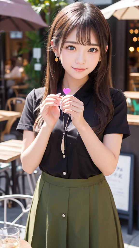 Part-time girl working at a cafe　Cafe uniform　looking at the camera　A background in colors that evoke romance　Holding a heart crystal in both palms