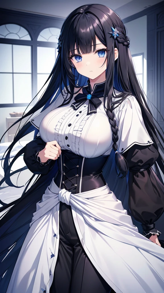 best quality, extremely detailed,anime style girl,long hair down to the waist, straight hair, ((dark black hair with bluish)),braid,beautiful detailed eyes, pinched eyes, (dark blue eyes),huge breasts,curvy,fantasy white costumes,blouse,trousers,hair ornament,Luxurious room,cool expression,((action scene))