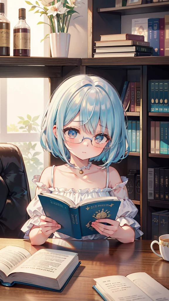 (masterpiece), (best quality), ((very detailed)), (very delicate), (A young girl),10-year-old girl, (silver short hair), with a beautiful blue layer. Soft, shiny hair. Clear cyan droopy eyes, long bangs covering her eyes. Wears glasses to avoid eye contact., Cute frilly dress with detailed textures, Luxurious room with bookshelves and fancy furniture. Often reading books,Shy, always looking down, lacking confidence, on the verge of tears