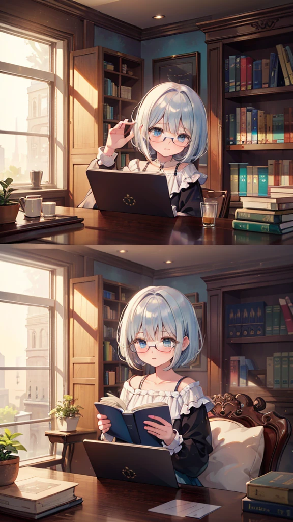 (masterpiece), (best quality), ((very detailed)), (very delicate), (A young girl),10-year-old girl, (silver short hair), with a beautiful blue layer. Soft, shiny hair. Clear cyan droopy eyes, long bangs covering her eyes. Wears glasses to avoid eye contact., Cute frilly dress with detailed textures, Luxurious room with bookshelves and fancy furniture. Often reading books,Shy, always looking down, lacking confidence, on the verge of tears