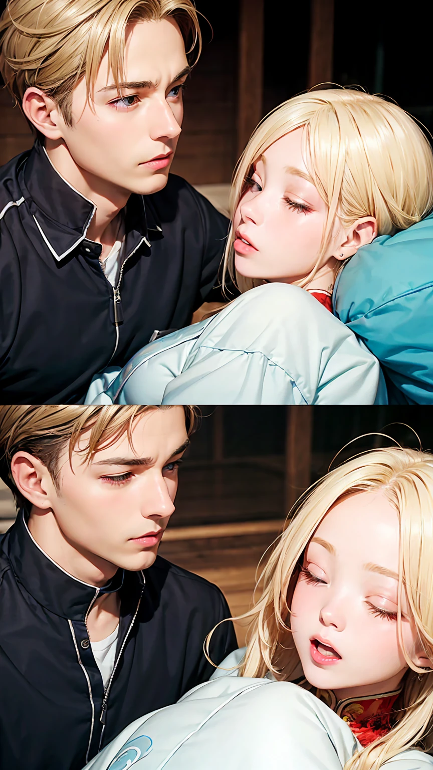 Highest quality、4K quality、Man to attack、A blonde woman sleeping in a Chinese dress、thin、Small face、16 years old、Man touching woman&#39;between legs