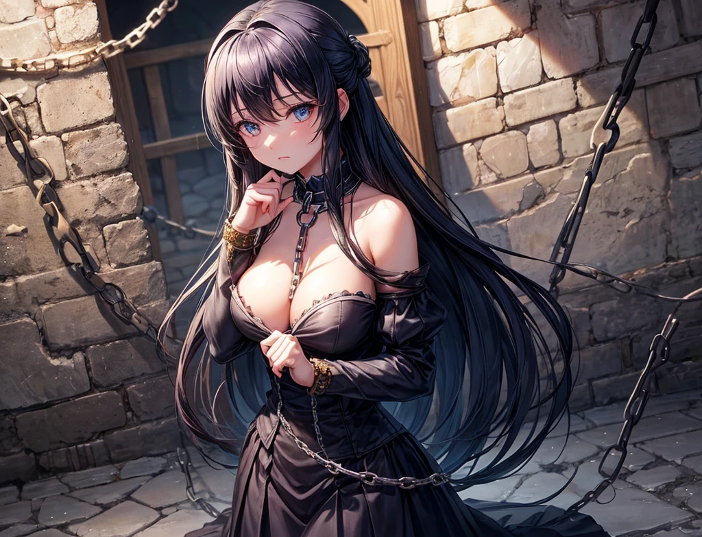 A beautiful girl both hands are tied in a prison cell with chains on her neck

She looks like megumim from kono suba

 Make the background with cobblestone walls and is gloom sad and dark
