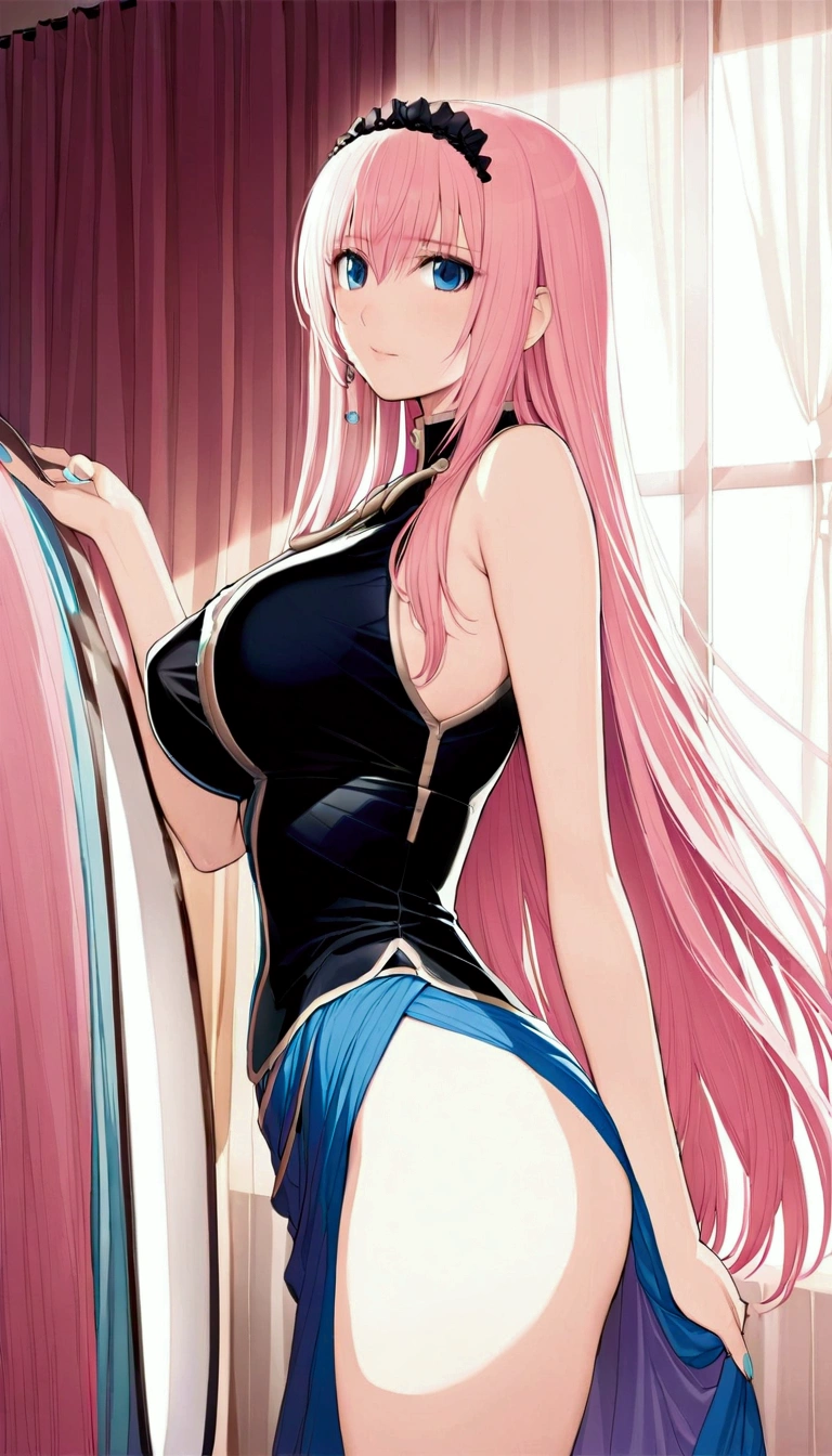 (((Browsing Caution:1.5))){{masterpiece:1.5}},{Detailed and beautiful depiction 1.5},Official Art,Beautiful adult woman 1,Megurine Luka,Pink long hair,blue eyes,Large Breasts,