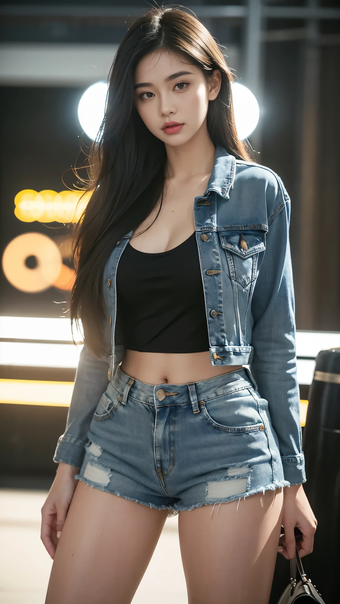 a beautiful woman with a plump body, denim jacket, wearing a black crop singlet, with big thighs, denim shorts, at a night scene in a mall, highly detailed, 8k, photorealistic, realistic lighting, perfect skin, beautiful face, volumetric hair, elegant pose, intricate fabric details, shopping mall interior, neon lights, reflective surfaces, atmospheric lighting