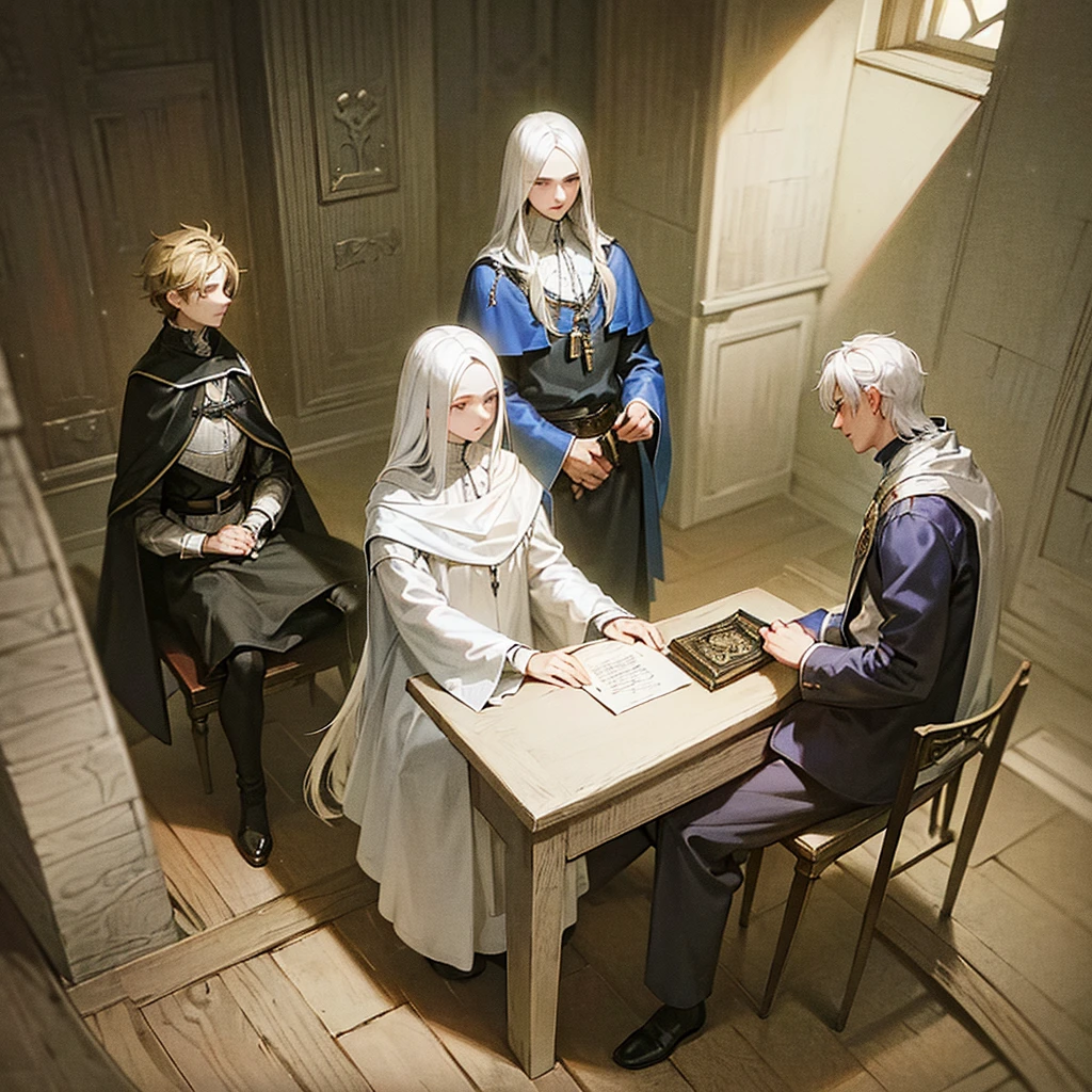 Four men sitting in a medieval inn, white and black, pencil draw, sketch, style of Anne Stokes, by Anne Stokes, white cloak, trees on background, no pupils, angry, white hair, high detail, from above, panorama, anatomically correct, super detail, high quality, best quality, highres, 4K