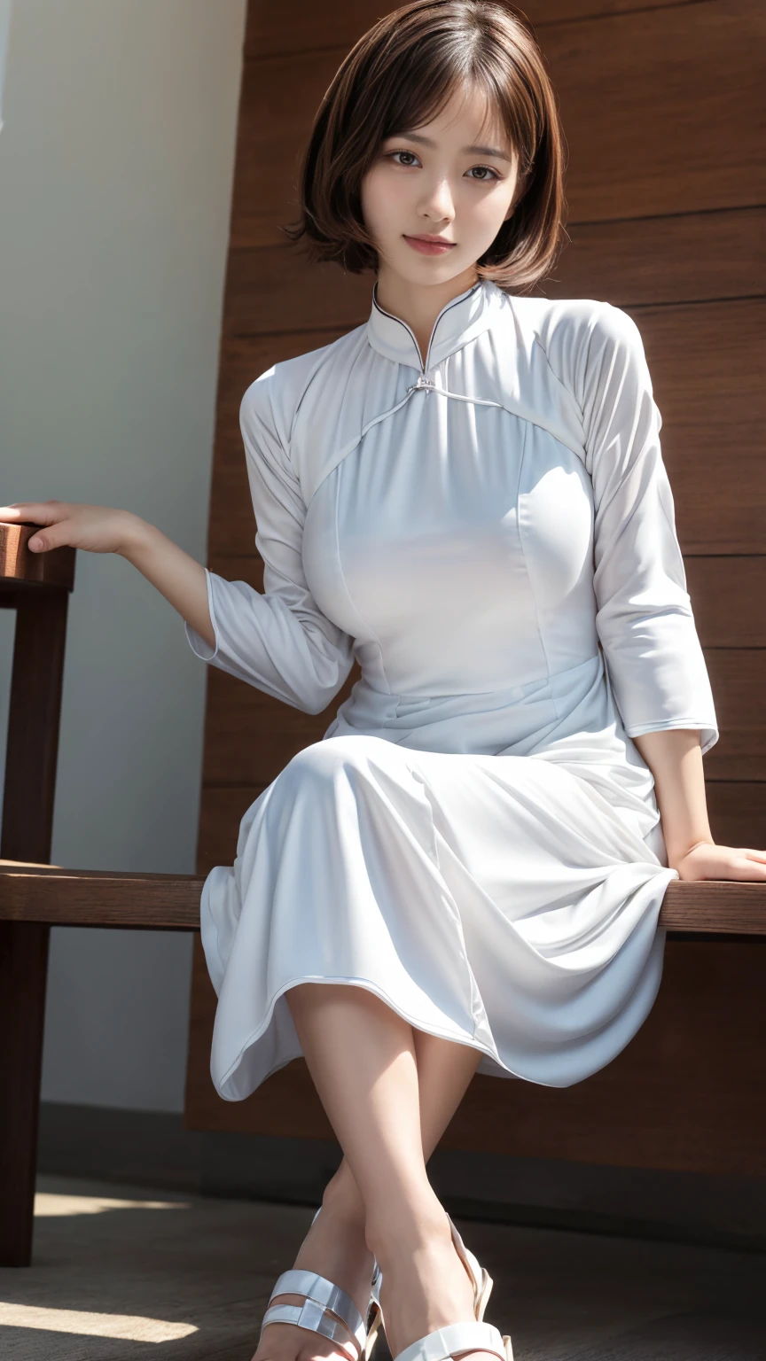 (absurdres:1.3), (highres:1.3), (ultra detailed:1.3),(1girl:1.3), (extremely detailed CG unity 8k wallpaper:1.3), (detailed skin texture, detailed cloth texture, detailed hair texture), (beautiful detailed face, supermodel, pale skin, realistic glistening skin), (RAW photo, best quality), (realistic, photo-realistic:1.4), masterpiece, extremely delicate and beautiful,Amazing, finely detail, extremely detailed CG unity 8k wallpaper, huge filesize, ultra-detailed, highres, absurdres, soft light,rim light, vibrant details, hotel room, short bob hair, large breasts, black hair color, Big Natural Color Lip, (perfect body shape), beautiful legs, BREAK (white theme:1.5), (half sleeve (white Ao dai):1.4), (bare elbow:1.4), ((plain color, only white color):1.3), (smooth and shiny fabric:1.3), (white heeled sandals:1.2), crying a little、little smile, Harajuku style、20 year old girl、cute type、lolita、