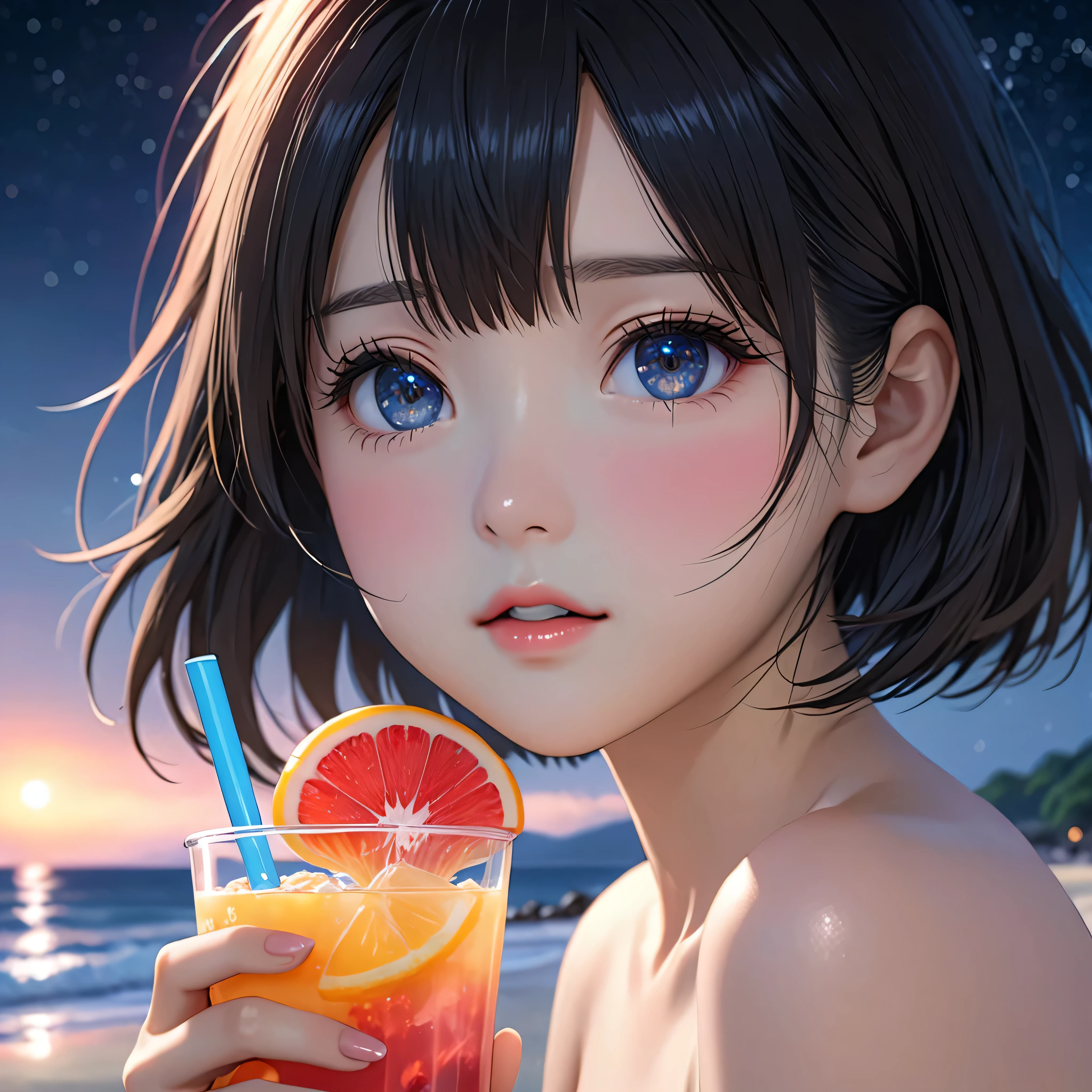 National Science Foundation,masterpiece,High resolution,8K,Art,digit,Three-dimensional,Realism,Kyoto Animation Style,your name movie style,cute,baby face,looking into camera,midnight,On the scenic beach,(1 girl: 1.3),(alone: 1.4),Upper body nudity,Holding an iced fruit drink,Black hair,Long eyelashes,Slender legs,Short Bob,Close-up of upper body,Close-up,(Close up),Eyes as deep as the starry sky,shy,blush,open mouth