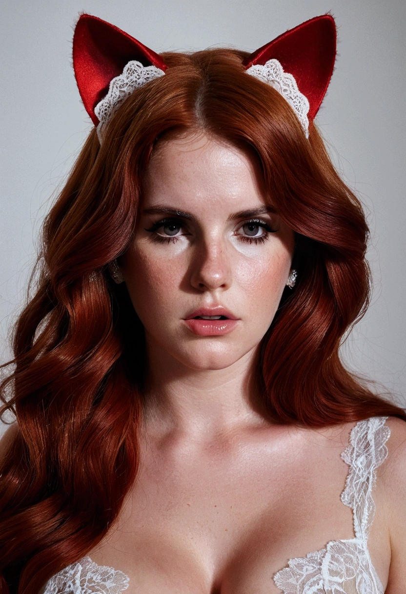 highly detailed, seductive ?????? Lana Del Rey with lace cat ears, crying, (busty, red hair), centered on the face, face focused, intricate eyes,full nude