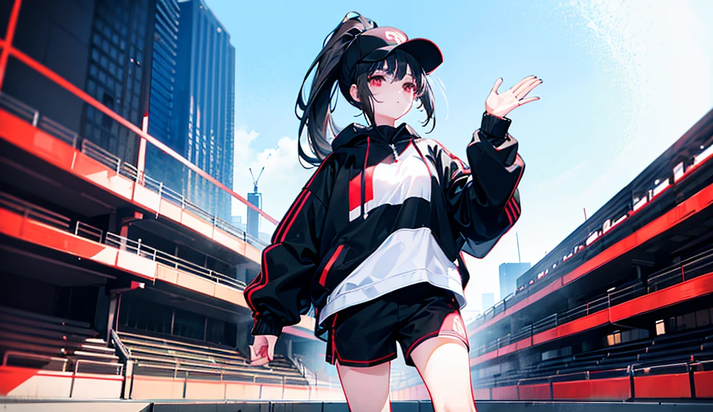 (ponytail),(Black Hair),beautiful girl,Facing forward and waving,Wear a black hat,Red sneakers,In the crowd,White tops,Black jacket,Black shorts,Tall buildings,signal machine,A lot of people