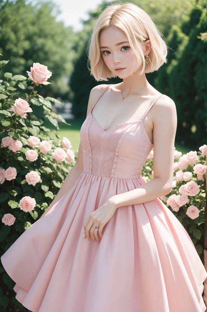 8K, CRU photo, Fujifilm, style photo of a beautiful young woman like Avril in a light pink rose garden (highly detailed skin: 1.2) Style-Petal BREAK short hair, blonde hair with colored highlights, wearing a dress, film grain, 35mm, cute style
