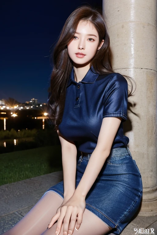 (Highest quality、Ultra-high resolution、masterpiece),(Delicate face,Detailed eyes and face、double eyelid、Glossy lips)、Collared shirt、(Denim midi skirt)、(silk pantyhose)、High heels、Long, slender legs,Sitting pose, High-definition skin texture、Happy expression、Large Breasts、Night in the background、Wind、Starry Sky、moon、((Full body portrait))