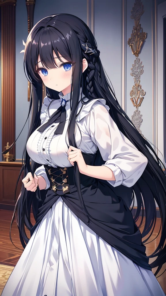 best quality, extremely detailed,anime style girl,long hair down to the waist, straight hair, ((dark black hair with bluish)),braid,beautiful detailed eyes, pinched eyes, (dark blue eyes),huge breasts,curvy,fantasy white costumes,blouse,trousers,hair ornament,Luxurious room,cool expression,((((action scene))))