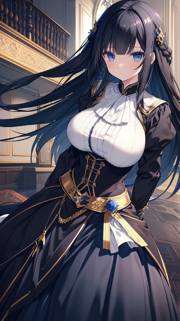 best quality, extremely detailed,anime style girl,long hair down to the waist, straight hair, ((dark black hair with bluish)),braid,beautiful detailed eyes, pinched eyes, (dark blue eyes),huge breasts,curvy,fantasy white costumes,blouse,trousers,hair ornament,Luxurious room,cool expression,((((action scene))))