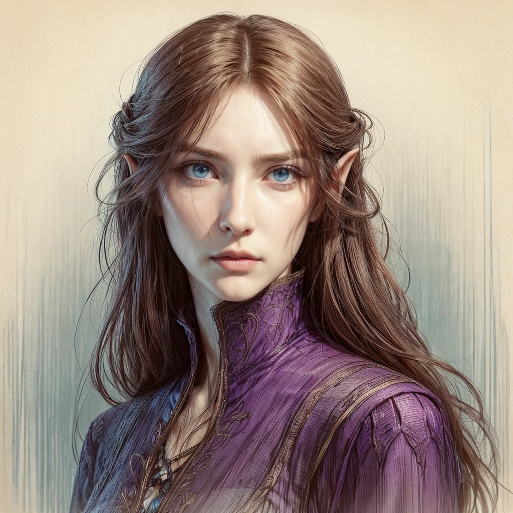 40-year-old woman, almost imperceptible wrinkles, blue eyes, long brown hair falling over her face and shoulders, parted in the middle, purple dress, pale and white skin, serious and thoughtful expression. elven medieval fantasy, vampire, middle part hairstyle, anime drawing style