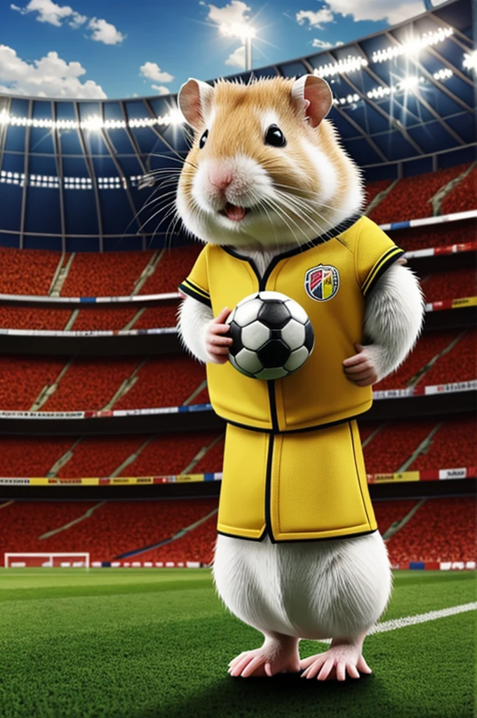 Hamster animal with Colombian soccer uniform standing in a stadium.