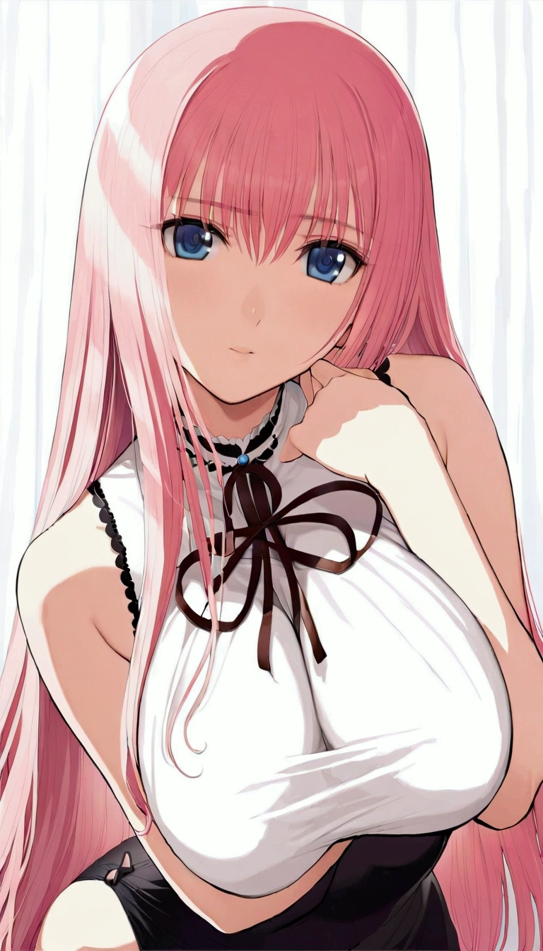 (((Browsing Caution:1.5))){{masterpiece:1.5}},{Detailed and beautiful depiction 1.5},Official Art,Beautiful adult woman 1,Megurine Luka,Pink long hair,blue eyes,Large Breasts,