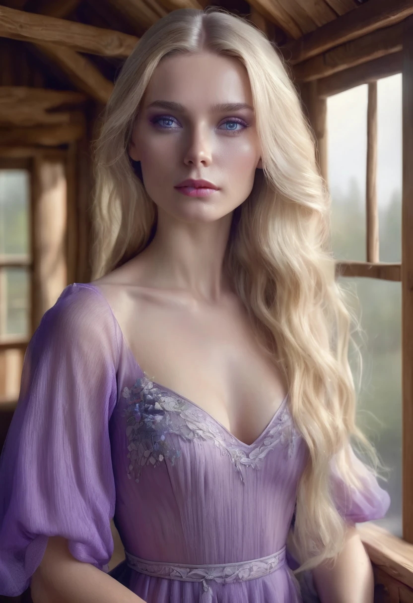 1 woman, inside a wooden house, wearing an elegant purple dress, detailed facial features, blue and feminine eyes, detailed white skin, long blonde hair, soft expression, dramatic lighting, cinematic composition, cool and fresh color palette, fog atmospheric, thin chin, (best quality, 4K, 8K, high resolution, art: 1.2), ultra-detailed, (realistic, photorealistic, photorealistic: 1.37)