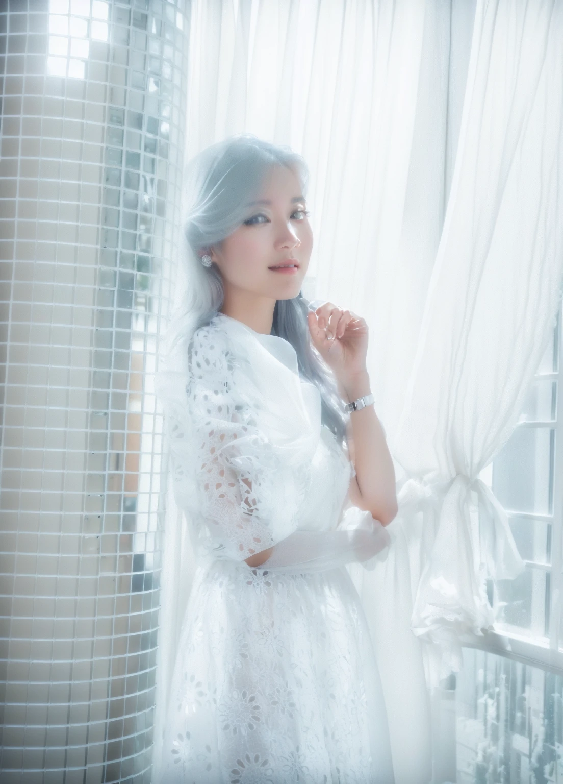 there is a woman standing by a window with a curtain, taken with canon eos 5 d mark iv, portrait image, a beautiful woman in white, taken with canon 8 0 d, photo taken with nikon d750, photo taken with nikon d 7 5 0, taken with canon eos 5 d, standing near a window, in white clothes, in white room