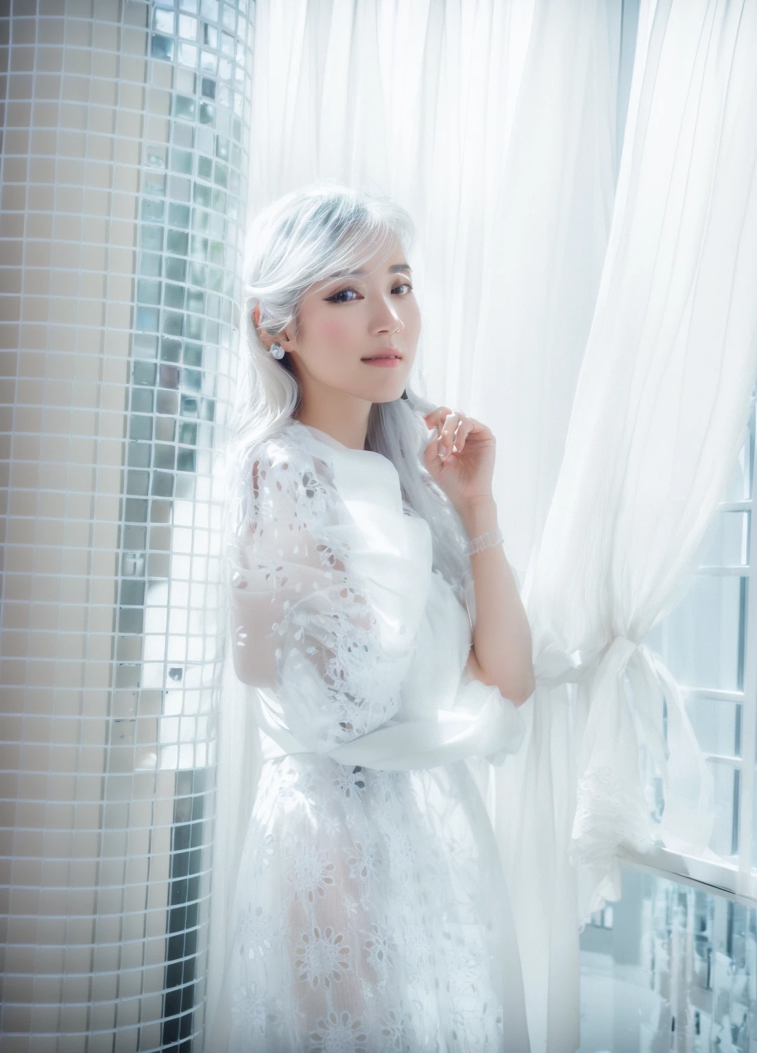 there is a woman standing by a window with a curtain, taken with canon eos 5 d mark iv, portrait image, a beautiful woman in white, taken with canon 8 0 d, photo taken with nikon d750, photo taken with nikon d 7 5 0, taken with canon eos 5 d, standing near a window, in white clothes, in white room