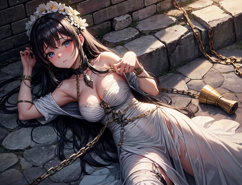 A beautiful girl both hands are tied in a prison cell with chains on her neck

She looks like megumim from kono suba and her dress is white but dirty she also looks dirty because she is captured and tears are in her eyes

 Make the background with cobblestone walls and is gloom sad and dark
