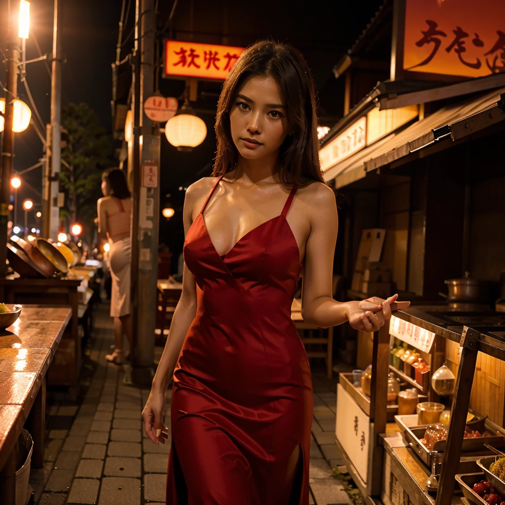 Female supermodel. Red evening dress.  Dim, soft lighting. Sunset. Sunset. Kappabashi Kitchen Tools Street, Tokyo, Japan.