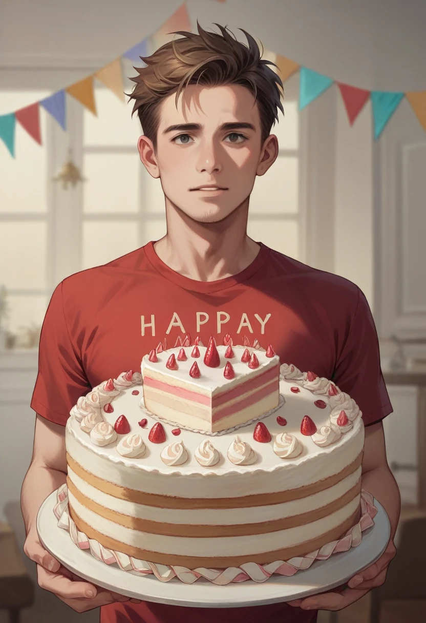 Create a 3d image in which a ager boy cutting Cake wearing red color shirt with Name''GIREESH'' is written clearly on the cake and 24 year candle burning on the cake image features with birthday decorated view, realistic image, background decorated with birthday items.