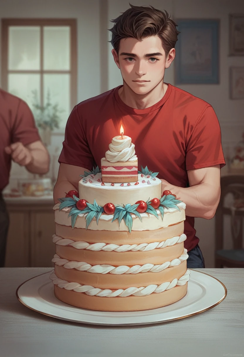 Create a 3d image in which a teenager boy cutting Cake wearing red color shirt with Name''GIREESH'' is written clearly on the cake and 24 year candle burning on the cake image features with birthday decorated view, realistic image, background decorated with birthday items.