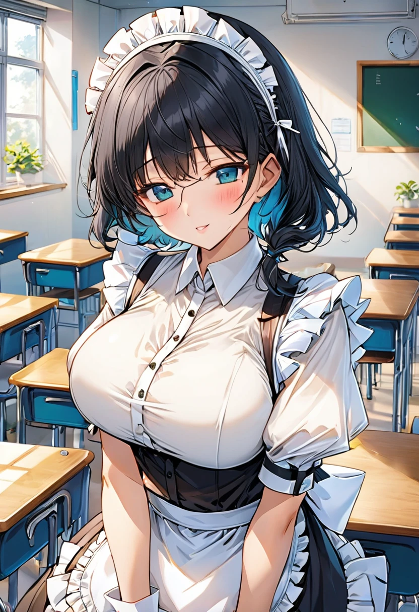 Maid headdress, (White shirt), Ruffled shirt, (White ruffled apron), White short sleeve, Puff sleeves, cleveage), cuff, White ruffled necklace with black strap, Lovely, ****, Black long hair, Large Breasts,classroom