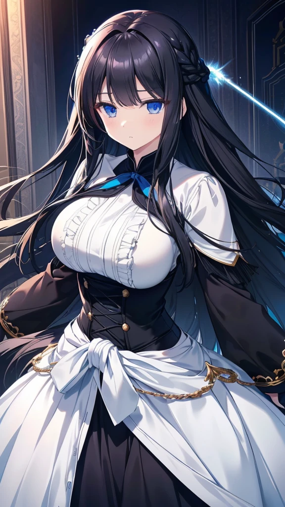 best quality, extremely detailed,anime style girl,long hair down to the waist, straight hair, ((dark black hair with bluish)),braid,beautiful detailed eyes, pinched eyes, (dark blue eyes),huge breasts,curvy,fantasy white costumes,blouse,trousers,hair ornament,Luxurious room,cool expression,((((action scene))))