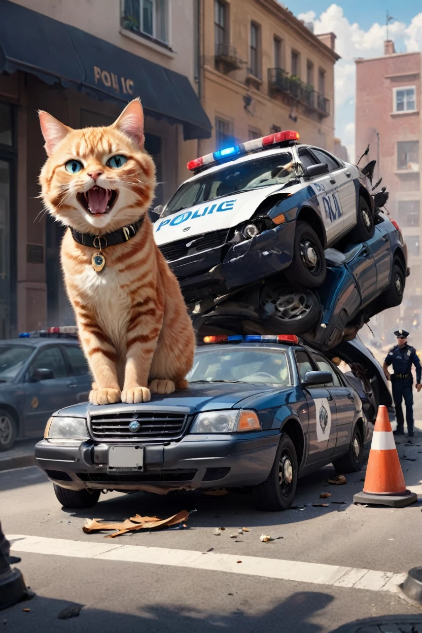 a car crash showing an antropomorphic cat police