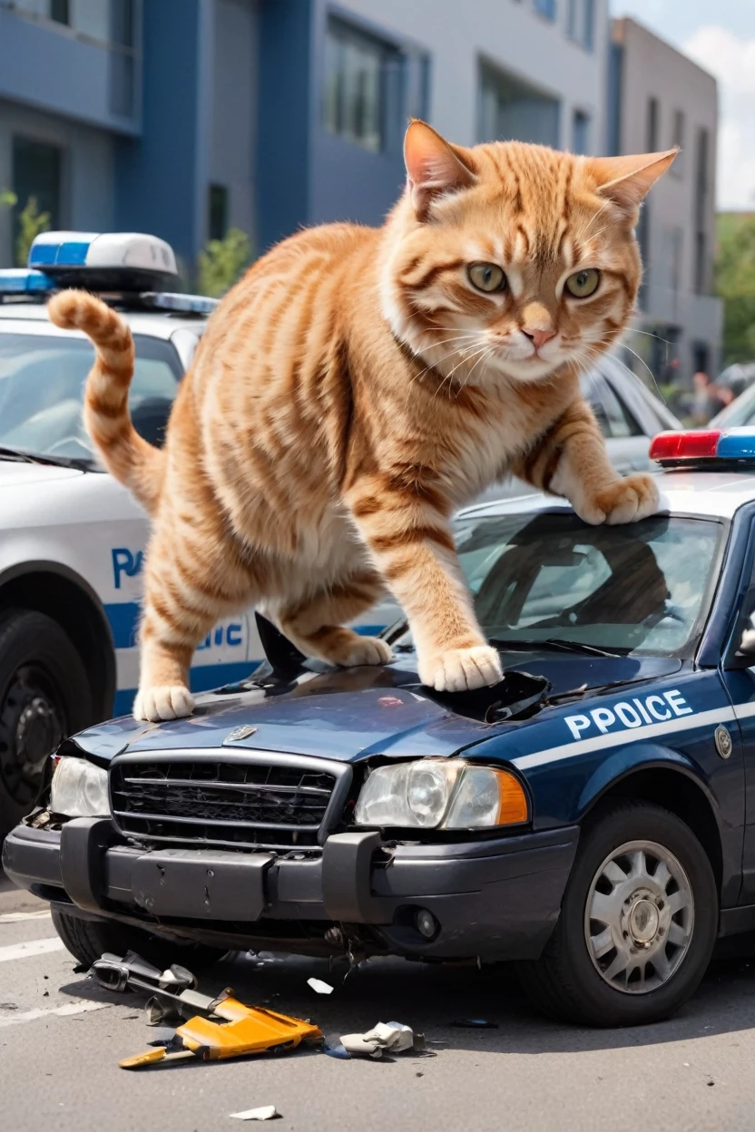 a car crash showing an antropomorphic cat police