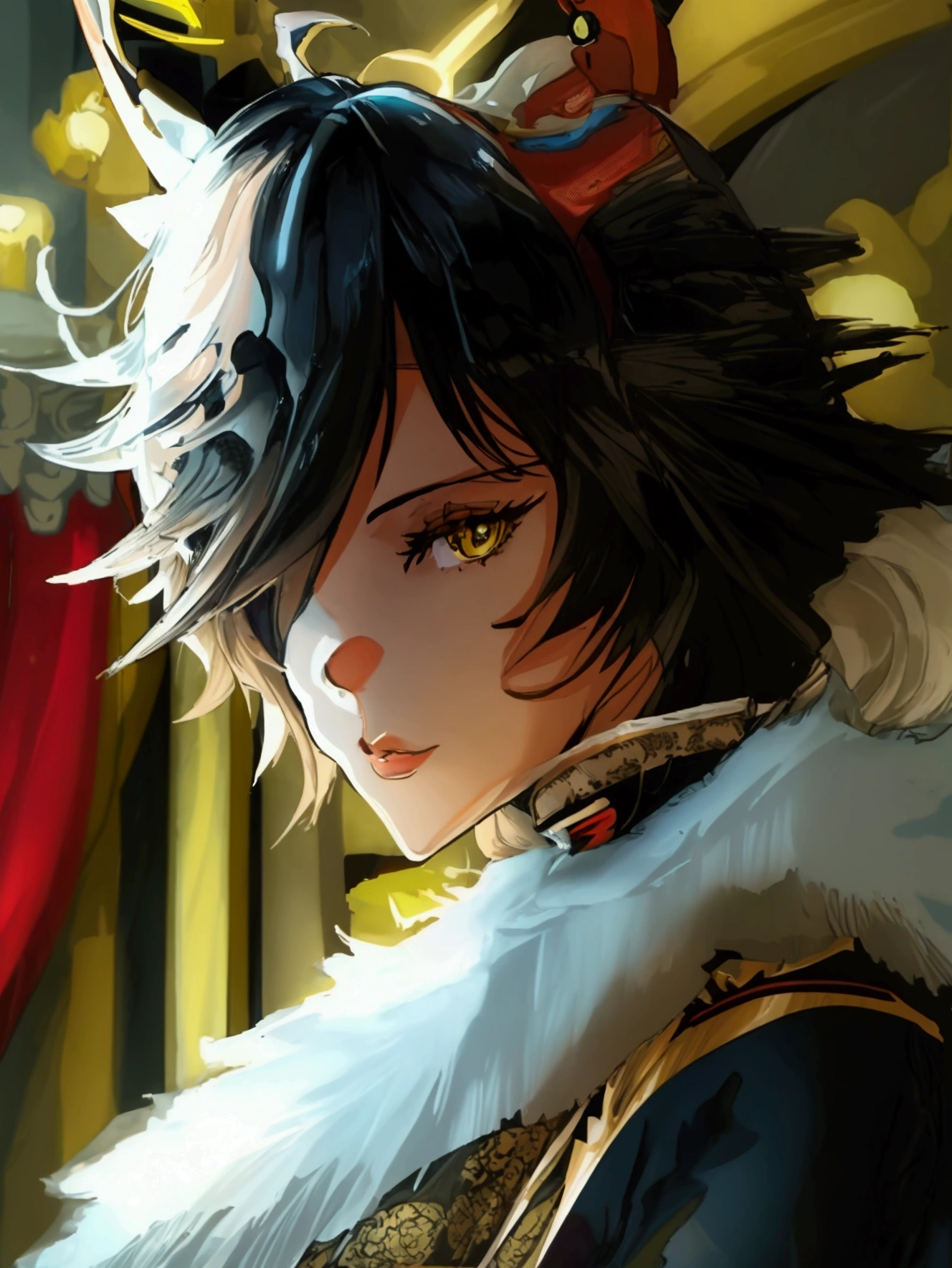 masterpiece,best quality,extremely detailed CG unity 8k wallpaper, tmasterpiece,Best quality,extremely detaild CG unified 8k wallpapers, tmasterpiece, Best quality, CG, optics , Frederick the Great(((azur lane))),detail processing,((Black+yellow Cat pupil)),headgear,hair on one eye, cabelos preto e longos,((MILF,A mature woman)), Huge cleavage,Intimacies,eventide,Clear face,face expressionless,bangle,((big horns)),solo,((cheongsam))