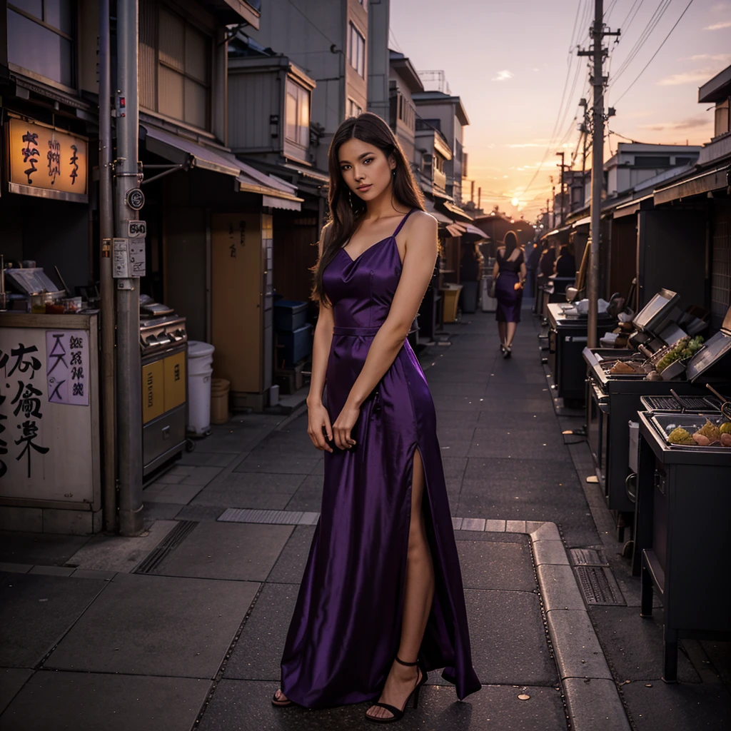 Female supermodel. Purple cocktail dress. Dim, soft lighting. Sunset. Sugamo Jizodori Shopping Street, Tokyo, Japan. Sunset.