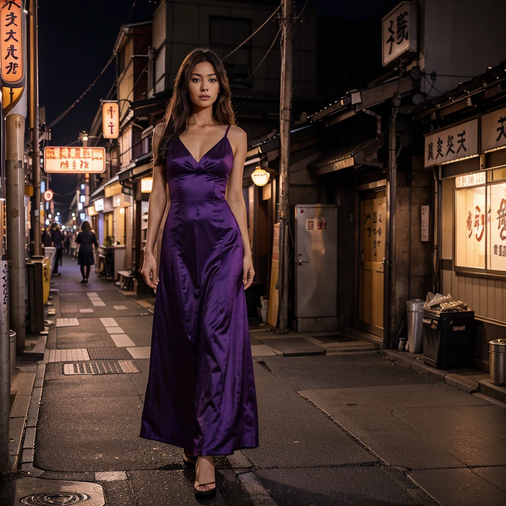 Female supermodel. Purple evening dress. Dim, soft lighting. Sunset. Sunset. Kappabashi Kitchen Tools Street, Tokyo, Japan.