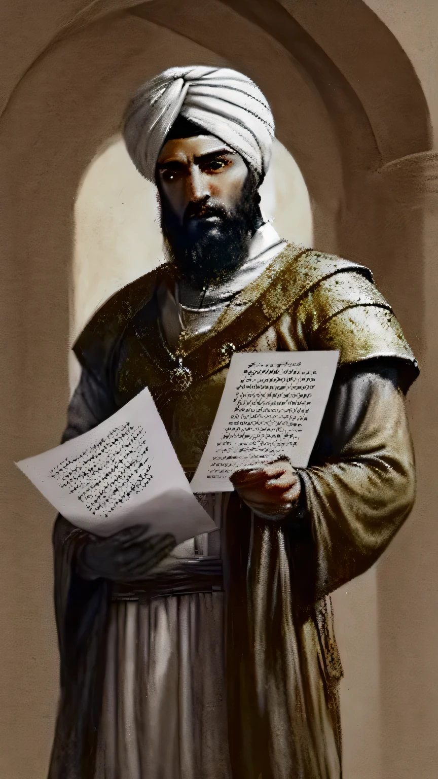 painting style , 4k, medieval period , a minister from Persian empire reading a letter holding in his hand while standing, wearing turban on his head