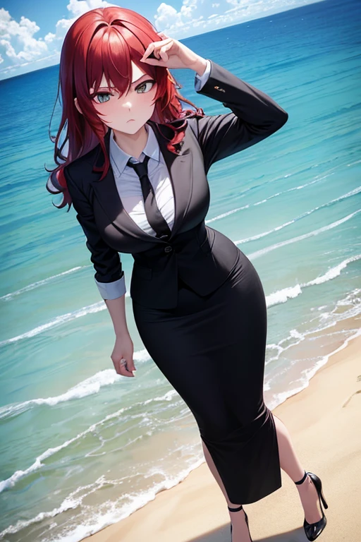 ((masterpiece, best quality)), highres, beautiful angry business woman looking at viewer frustrated, black business suit, black midi pencil skirt, long skirt, black blazer and tie, heels, full body, hand on hip, medium crimson hair, wavy hair, summer, beach, ocean, ocean waves, rock, sand
