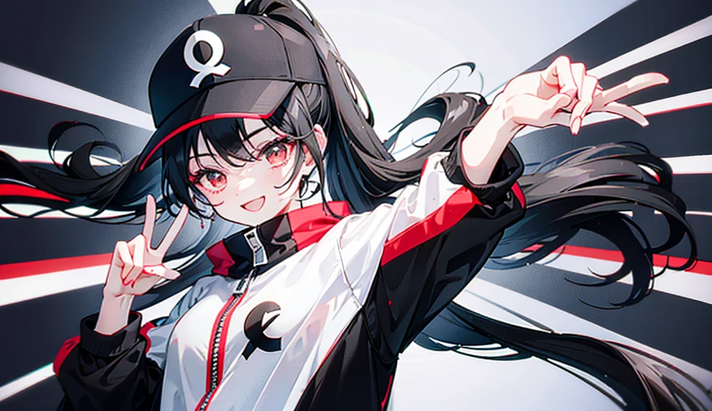 (ponytail),(Black Hair),beautiful girl,Peace sign near face, Wear a black hat,Red sneakers,In the crowd,White tops,Black jacket,Black shorts,Tall buildings,signal machine,A lot of people,smile