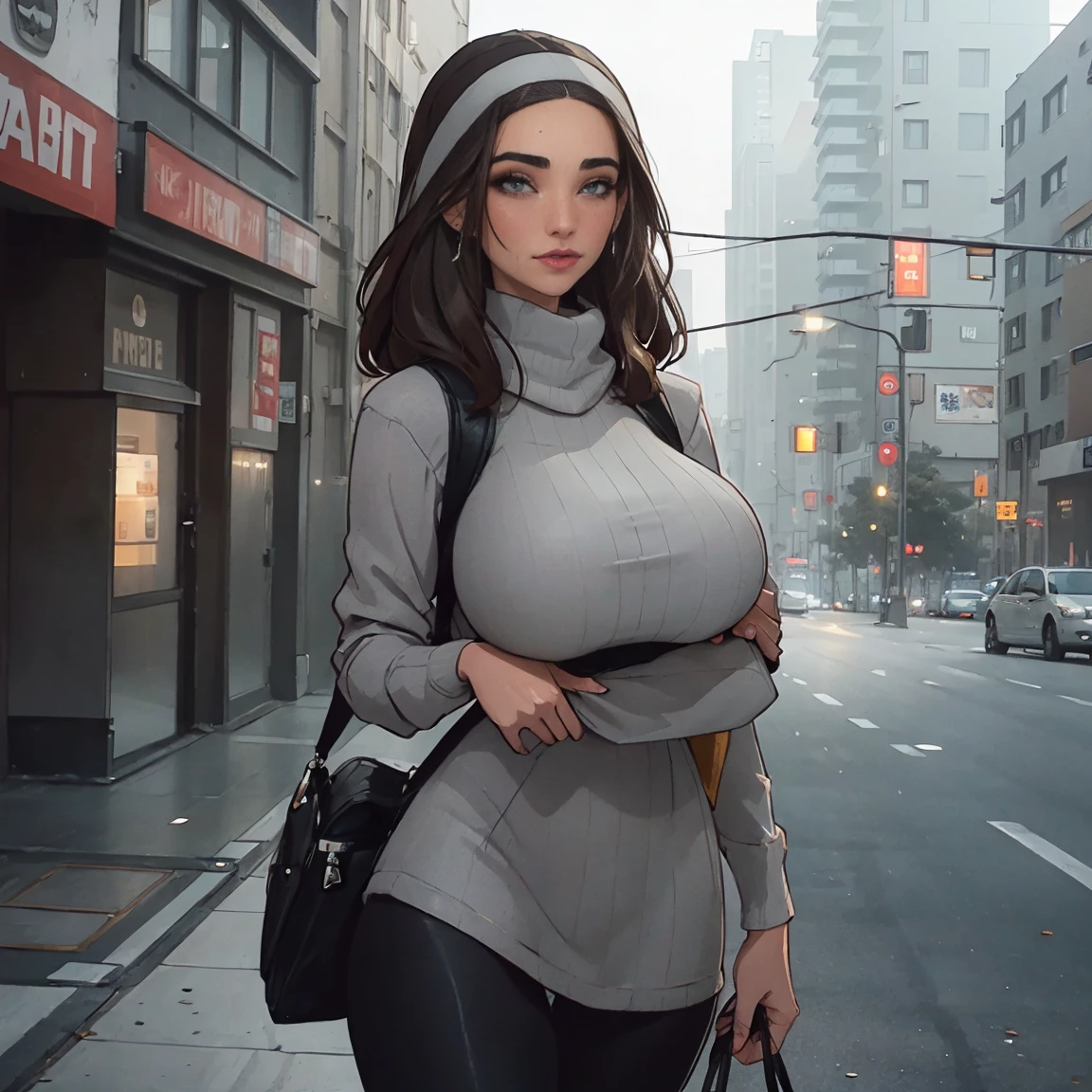 Extremely busty thin and toned brunette photographer, college girl, fair skin, loose side sweep, soft face, athletic, pink bandana babushka headwrap, long oversized tight grey long-sleeve (pullover) top dress, (black leggings). standing in front of her apartment building, outdoors, city, camera bag, 