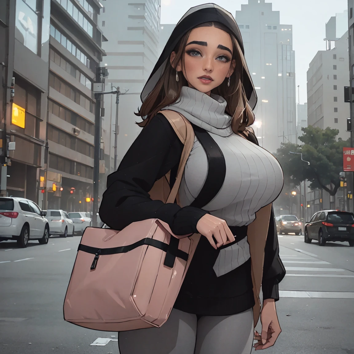 Extremely busty thin and toned brunette photographer, college girl, fair skin, loose side sweep, soft face, athletic, pink headband, long oversized tight grey long-sleeve (pullover) top dress, (black leggings). standing in front of her apartment building, outdoors, city, camera bag,