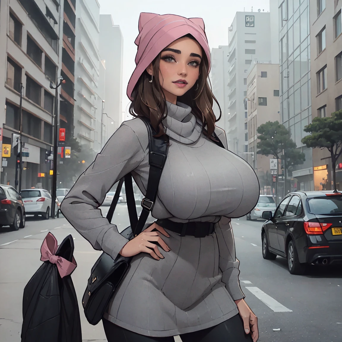 Extremely busty thin and toned brunette photographer, college girl, fair skin, loose side sweep, soft face, athletic, pink bandana babushka headwrap, long oversized tight grey long-sleeve (pullover) top dress, (black leggings). standing in front of her apartment building, outdoors, city, camera bag,