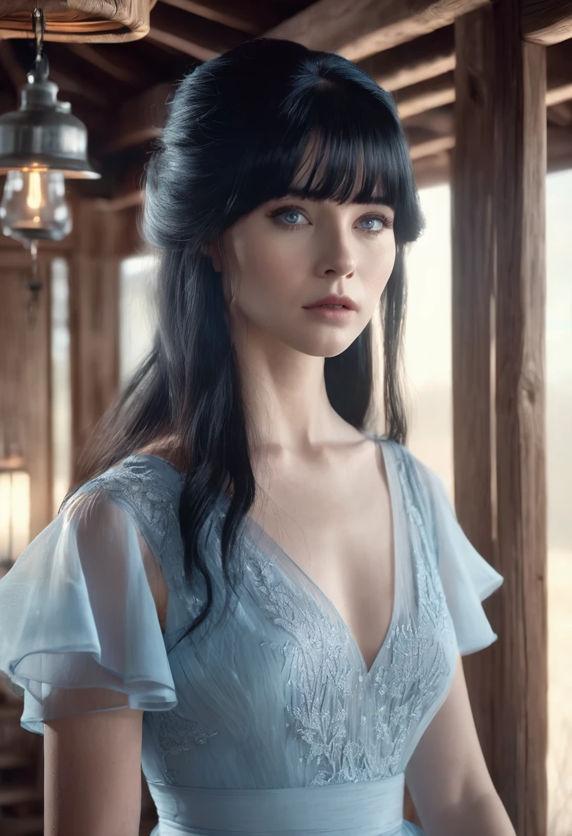 1 woman, inside a wooden house, wearing an elegant light blue dress, detailed facial features, gray and feminine eyes, detailed white skin, long straight black hair with bangs, soft expression, dramatic lighting, cinematic composition, cool color palette and cool, atmospheric fog, thin chin, (best quality, 4K, 8K, high resolution, art: 1.2), ultra-detailed, (realistic, photorealistic, photorealistic: 1.37)