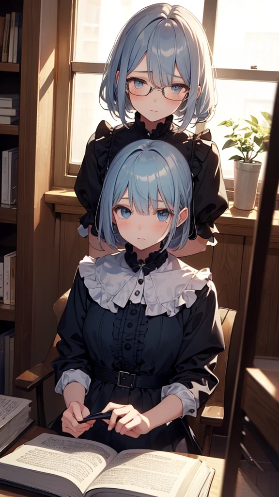 (masterpiece), (best quality), ((very detailed)), (very delicate), (A young girl),10-year-old girl, (silver short hair), with a beautiful blue layer. Soft, shiny hair. Clear cyan droopy eyes, long bangs covering her eyes. Wears glasses to avoid eye contact., Cute frilly dress with detailed textures, Luxurious room with bookshelves and fancy furniture. Often reading books,Shy, always looking down, lacking confidence, on the verge of tears