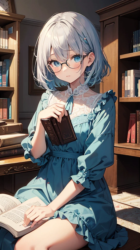 (masterpiece), (best quality), ((very detailed)), (very delicate), (A young girl),, (silver short hair), with a beautiful blue layer. Soft, shiny hair. Clear cyan droopy eyes, long bangs covering her eyes. Wears glasses to avoid eye contact., Cute frilly dress with detailed textures, Luxurious room with bookshelves and fancy furniture. Often reading books,Shy, always looking down, lacking confidence, on the verge of tears
