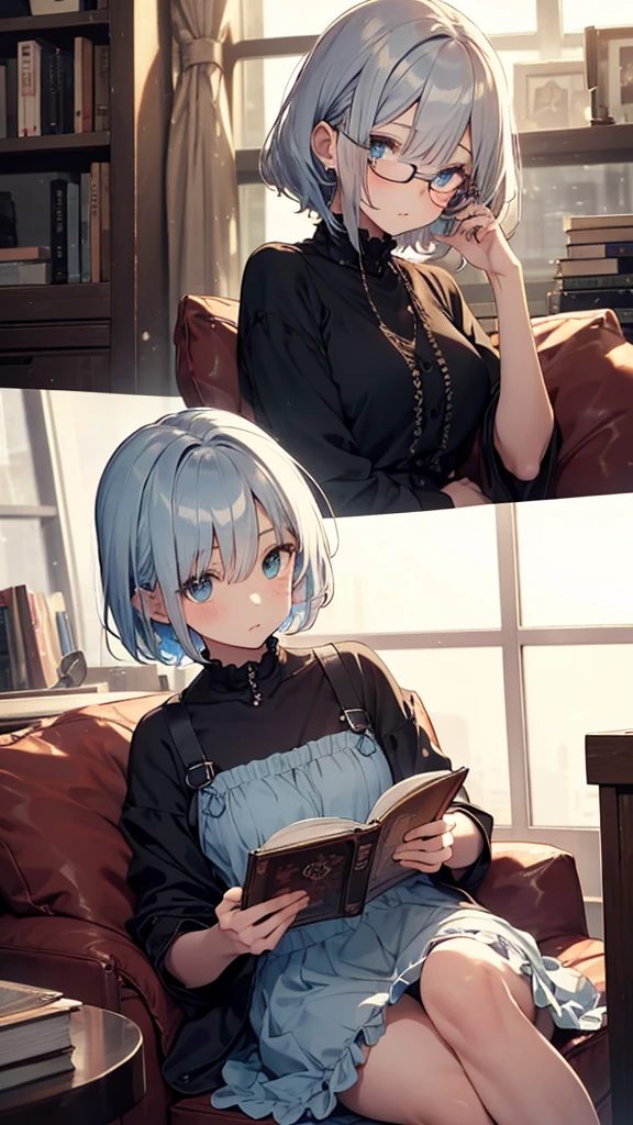 (masterpiece), (best quality), ((very detailed)), (very delicate), (A young girl),10-year-old girl, (silver short hair), with a beautiful blue layer. Soft, shiny hair. Clear cyan droopy eyes, long bangs covering her eyes. Wears glasses to avoid eye contact., Cute frilly dress with detailed textures, Luxurious room with bookshelves and fancy furniture. Often reading books,Shy, always looking down, lacking confidence, on the verge of tears