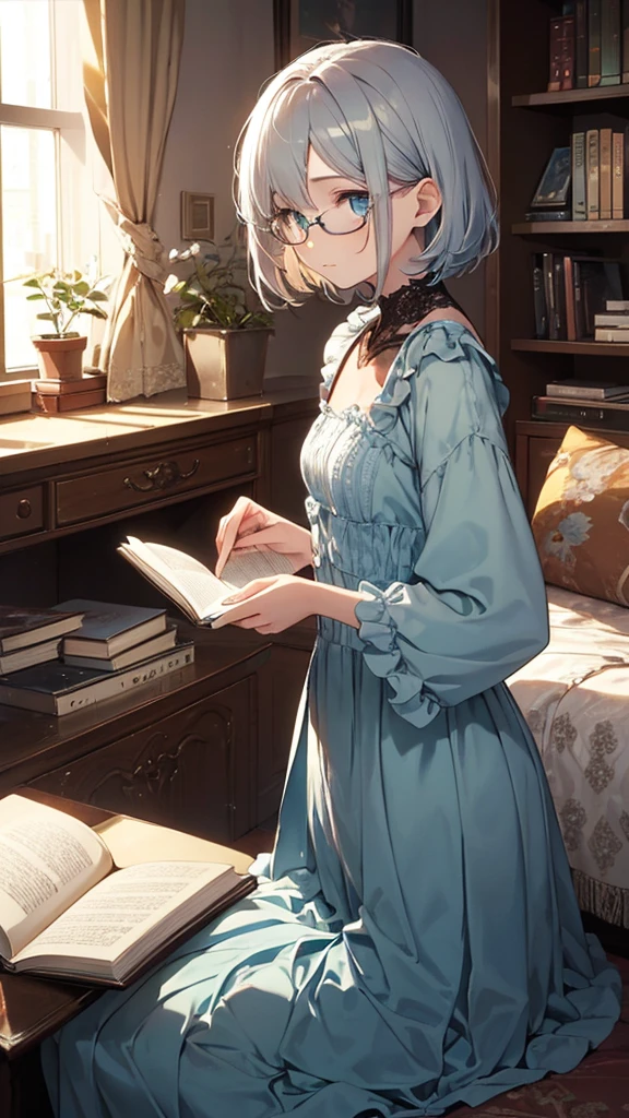 (masterpiece), (best quality), ((very detailed)), (very delicate), (A young girl),10-year-old girl, (silver short hair), with a beautiful blue layer. Soft, shiny hair. Clear cyan droopy eyes, long bangs covering her eyes. Wears glasses to avoid eye contact., Cute frilly dress with detailed textures, Luxurious room with bookshelves and fancy furniture. Often reading books,Shy, always looking down, lacking confidence, on the verge of tears