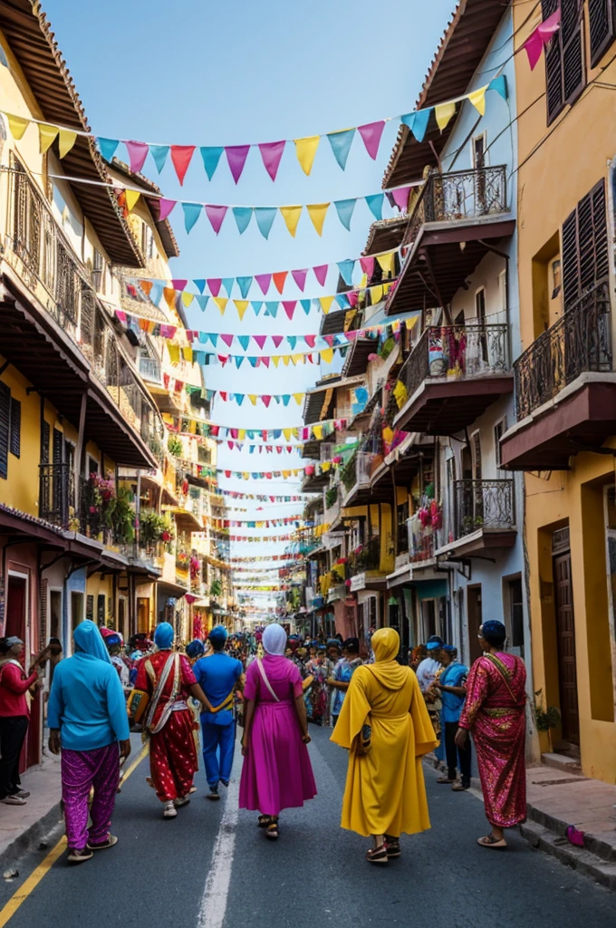 neighborhood residents joining the celebration with colorful costumes and decorations