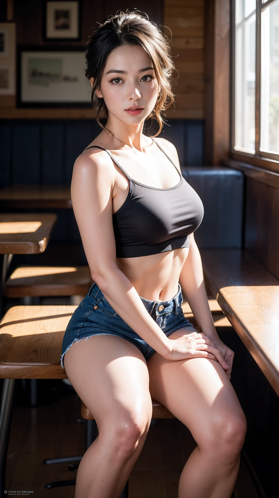 ((nsfw)), 8k, RAW photo, best quality, ultra high res, photorealistic, realistic photo of a girl wearing a croptop, bare shoulders, jeans, sitting in a diner, beautiful, detailed face, detailed, highres, realistic, photorealistic, full body, head to toe, legs, matte skin, pores, wrinkletremely detailed CG unity 8k wallpaper), photo of the most beautiful artwork in the world, professional majestic (photography by Steve McCurry), 8k uhd, dslr, soft lighting, high quality, film grain, Fujifilm XT3 sharp focus, f 5.6, High Detail, Sharp focus, dramatic, (looking at viewer:1.2), (natural light)