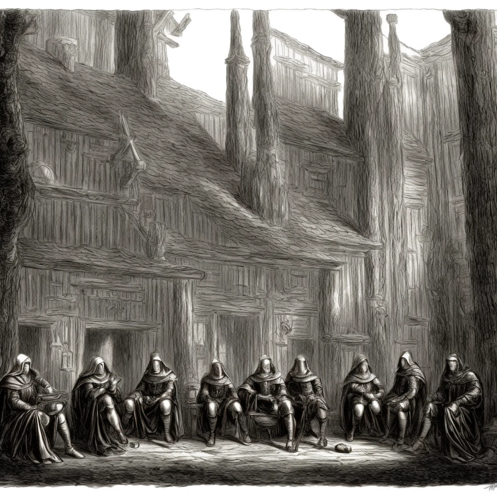 Four men sitting in a medieval inn, white and black, pencil draw, sketch, style of Anne Stokes, by Anne Stokes, white cloak, trees on background, no pupils, angry, white hair, high detail, from above, panorama, anatomically correct, super detail, high quality, best quality, highres, 4K