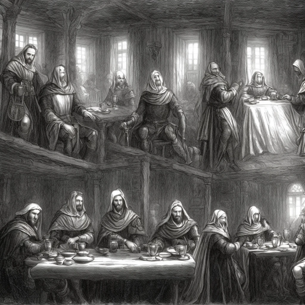 Four men sitting in a medieval inn, white and black, pencil draw, sketch, style of Anne Stokes, by Anne Stokes, white cloak, trees on background, no pupils, angry, white hair, high detail, from above, panorama, anatomically correct, super detail, high quality, best quality, highres, 4K