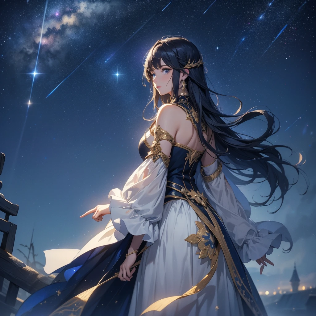 Wide dark starry sky, creative, wallpaper, 4K, best resolution, work of art, pointing to the stars, half Moon, super detailed looking at the sky, nebula, mist, fancy, distant city, medieval era, melhor wualidade, (roupa roxa), ( cabelo dourado)